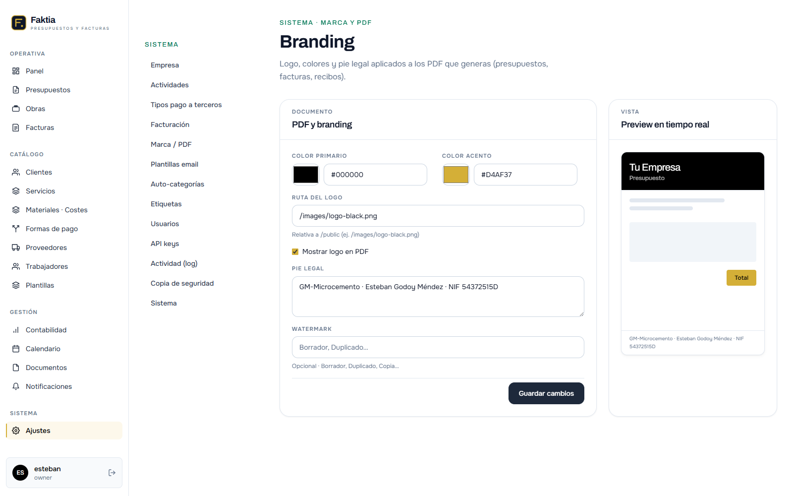 Configuración de marca con preview del PDF en tiempo real