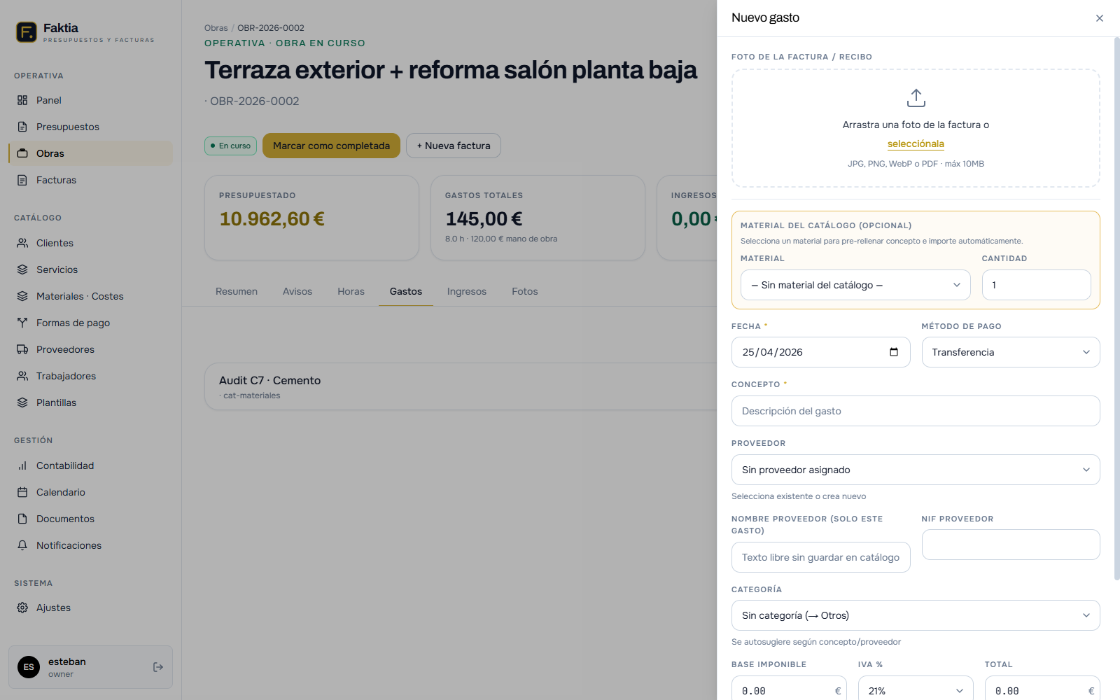 Drawer para añadir gasto con foto y OCR automático