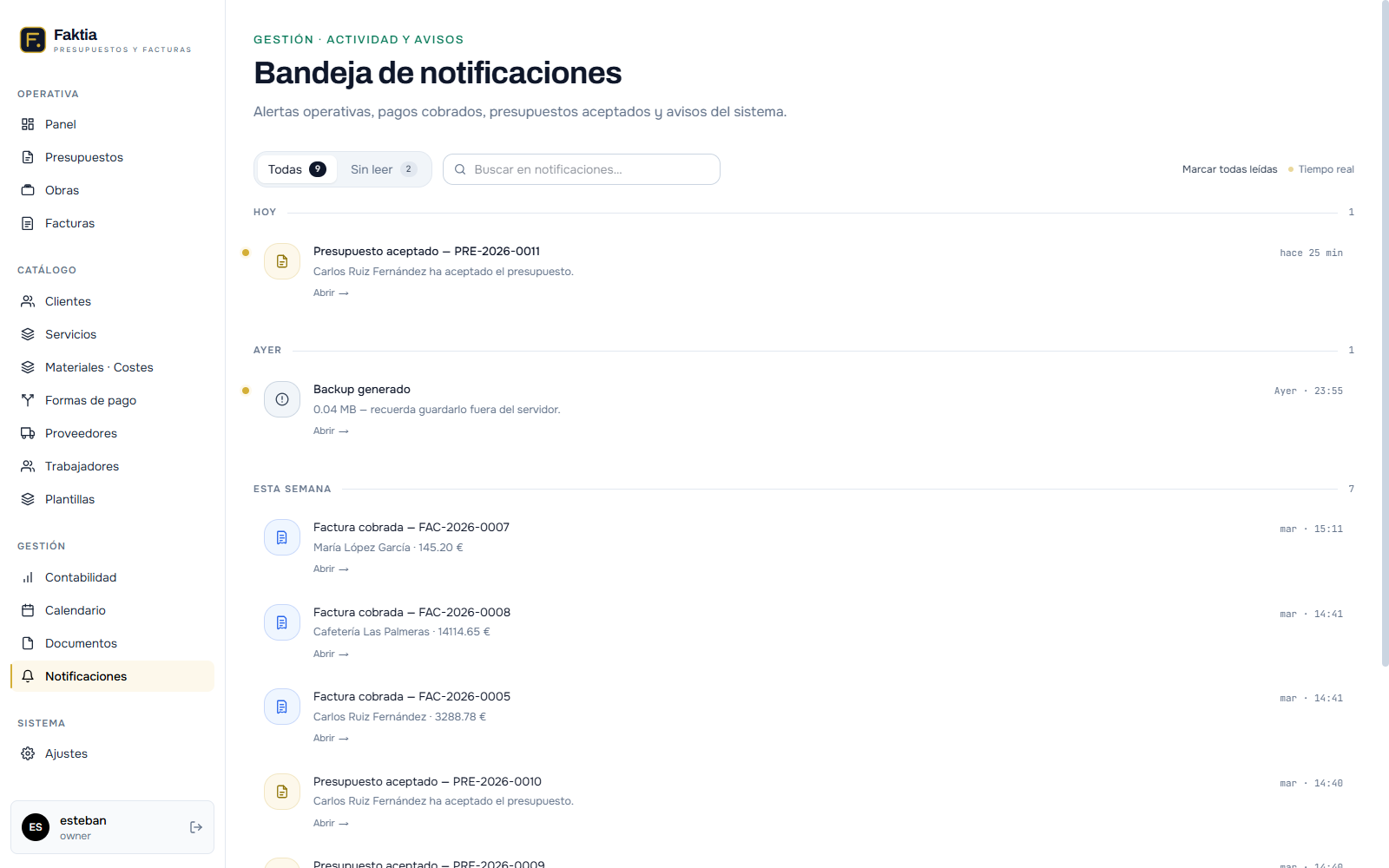 Bandeja de notificaciones con presupuestos aceptados y facturas cobradas