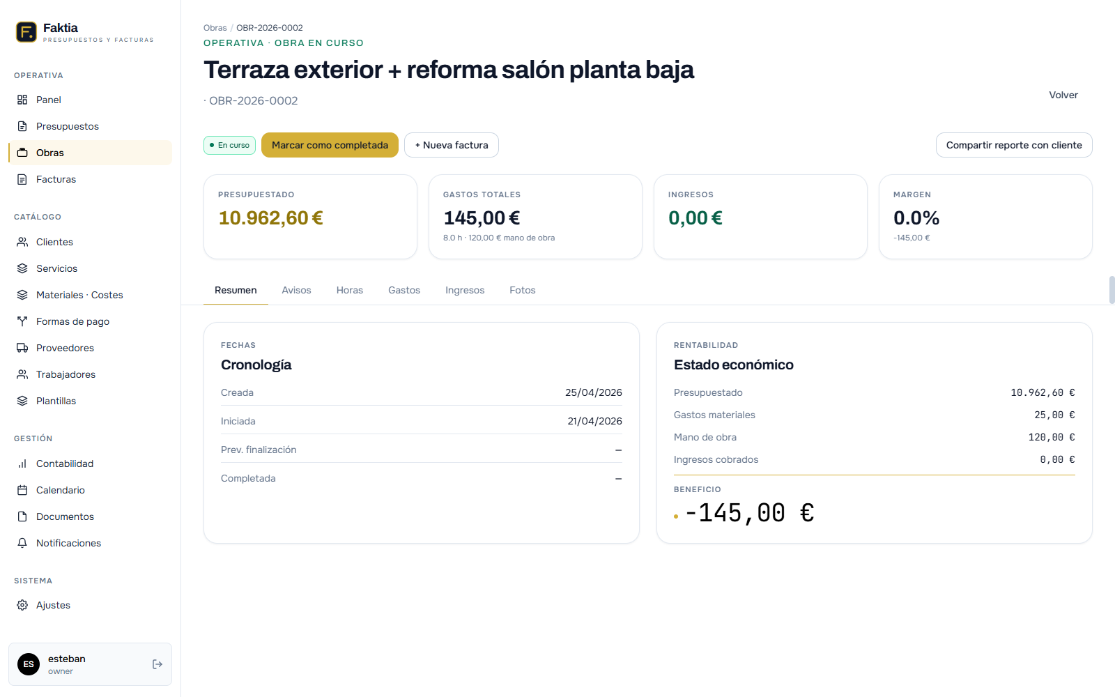 Detalle de proyecto con KPIs de rentabilidad y tabs de gestión